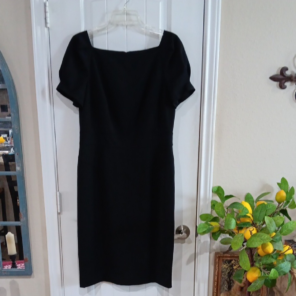 Anne Klein Black Wool Lycra Square Neck Puff Sleeve Sheath Dress Size 12